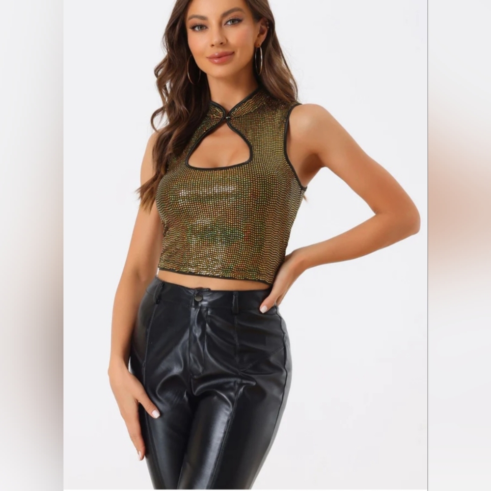 Allegra K - Sleeveless Cut Out Front Crop Tank - Slim Fitted -Sequins Top - NWOT - Picture 5 of 7